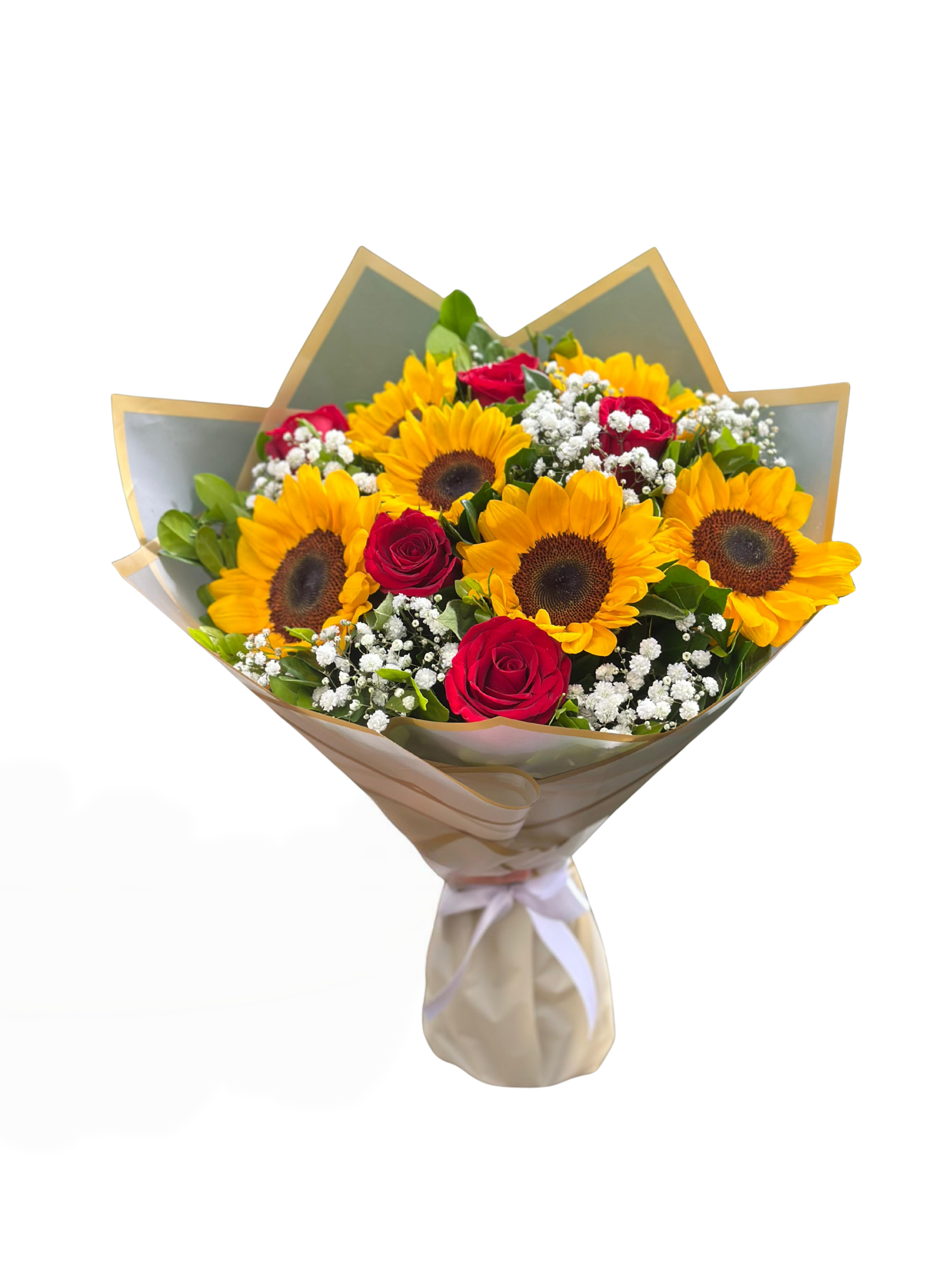 BUQU� DE GIRASSOL COM ROSAS VERMELHAS